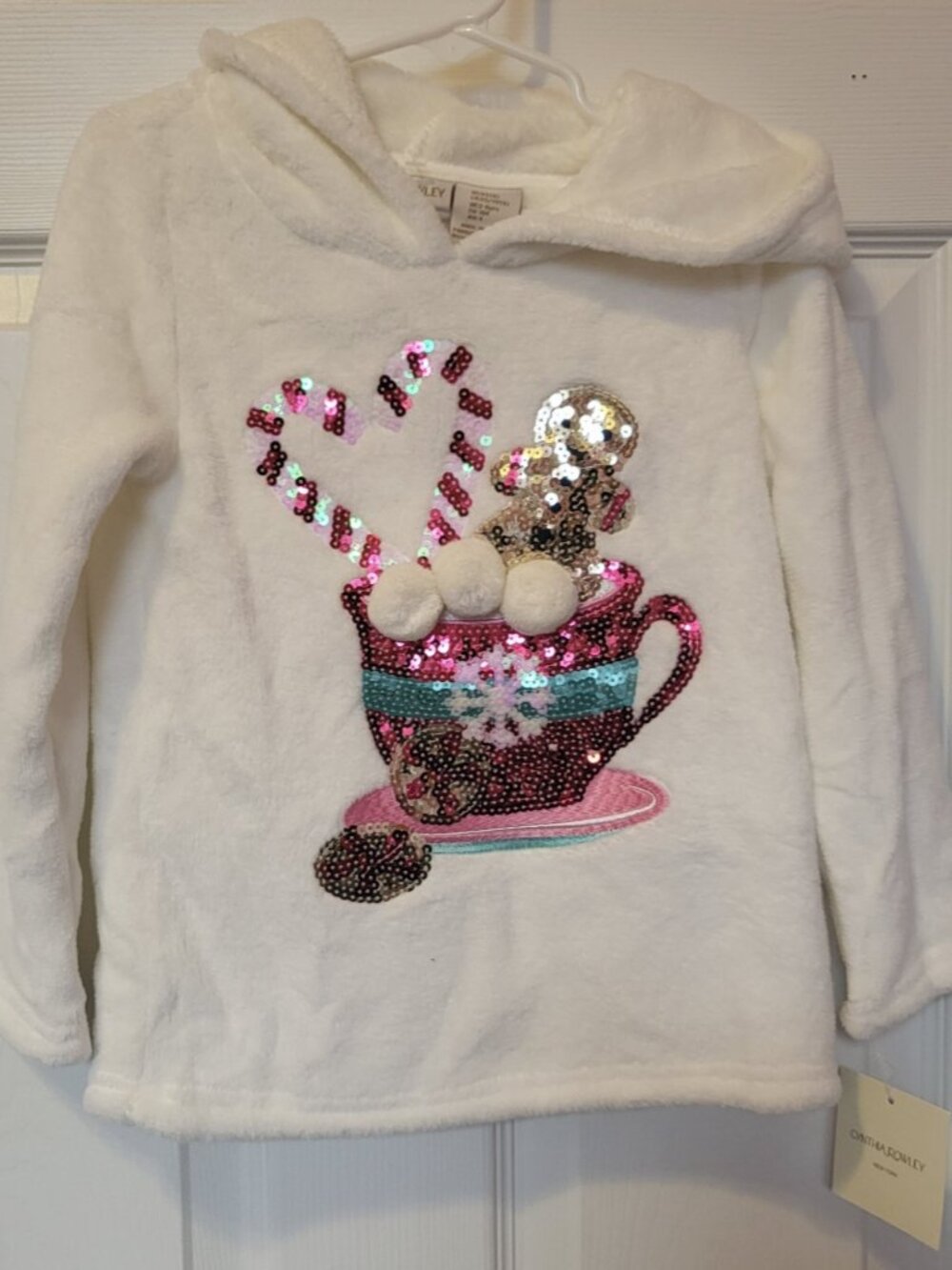 Cynthia Rowley Holiday Gingerbread White Glittery Hooded Sweater Size S (5) NWT